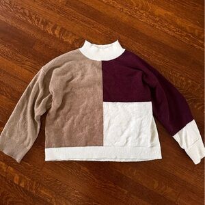 Blu Pepper Colorblock Cowl Neck Sweater - Cream, Brown, Purple